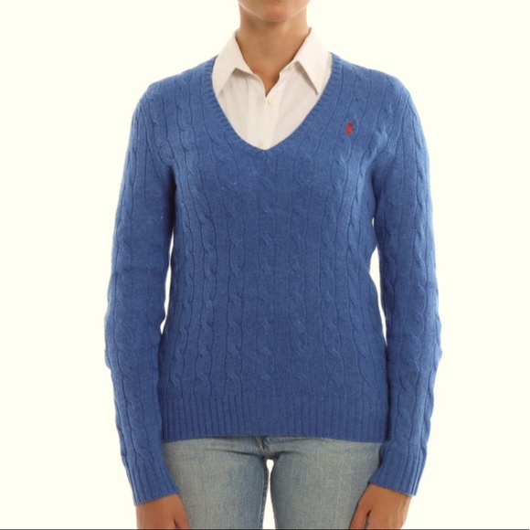 RALPH LAUREN Classic Preppy Blue Cable Knit V-Neck Sweater Pink Polo Pony XL NEW - Picture 5 of 12